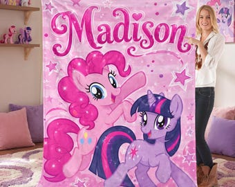 Manta de franela personalizada para niñas con nombre personalizado, pony rosa, estrella mágica, manta, lindo regalo de cumpleaños para niños pequeños, decoración de ropa de cama para guardería infantil
