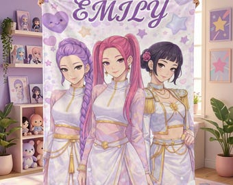 Custom Name Flannel Blanket, Personalized Pastel Kawaii Anime Girl Throw, Kpop Idol Teen Bedroom Decor, Cute Birthday Gift for Daughter