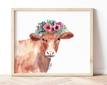 Watercolor Cow Art Print, 8x10, farmhouse wall art, farm animal print, cow with flowers, Christmas gift, giclee print, cow painting