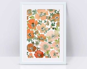 Watercolor Peach Flowers Painting Original, boho wall art, small original artwork, living room art, orange flowers painting, modern florals