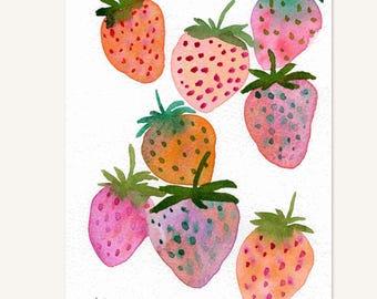 Small Kitchen Artwork: Original Watercolor Strawberries Painting