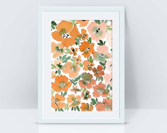 Original Orange Flowers Watercolor Painting, watercolor floral art, small original painting, peach flowers art, 5x7