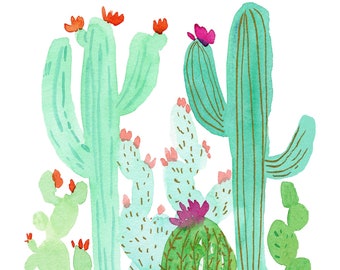 Green Cactus Watercolor Art Print, cactus art, boho wall art, gift for plant lover, watercolor cactus painting, southwestern art print