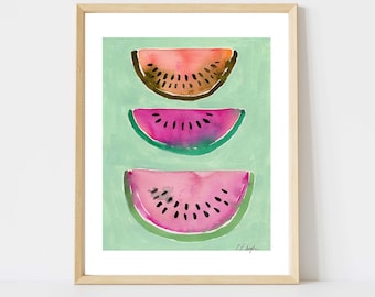 Watermelon Watercolor Giclée Print: Mint Green Kitchen Wall Art