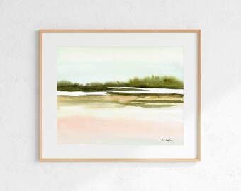 Original Watercolor Abstract Landscape, abstract wall art, green home décor, landscape painting, lake landscape art, minimal painting, 11x14