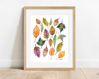 Fall Leaf Watercolor Art Print: Colorful Autumn Foliage