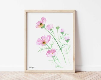 Watercolor Cosmos Flower Giclée Print: Pink Floral Wall Art