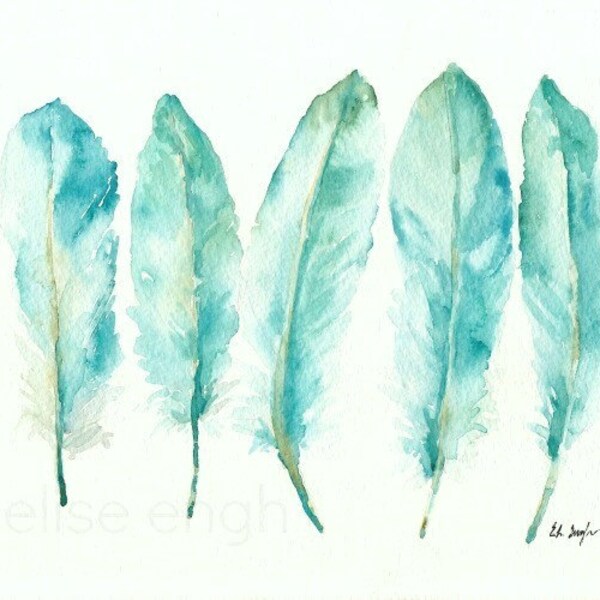 Blauwe aquarel veren, fine art print, veren afdrukken, veren, schilderen, home decor, boho decor, giclee print, aqua veren, aquarel