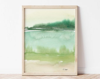 Peaceful Abstract Art Prints, Green Watercolor Landscape Art, Watercolor Art Print, land over water abstract, minimalist watercolor art