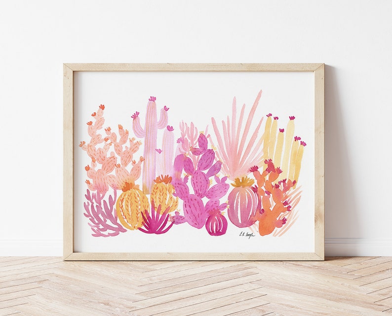 Pink Cactus Watercolor Painting, Original Watercolor Art, 12x16, desert landscape, plant lover gift, cactus garden art, pink home decor image 1