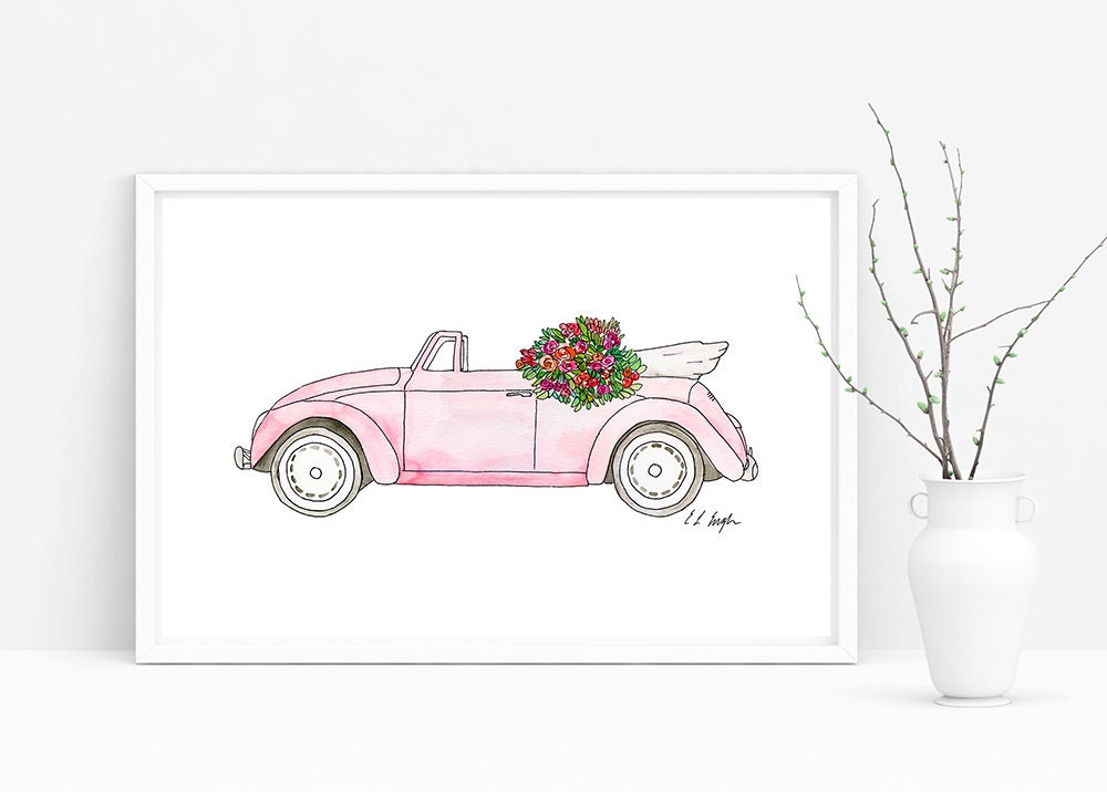 Download Watercolor Car Illustration pink convertible bug vintage ...