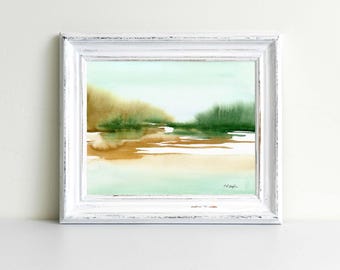 Green and Gold Abstract Watercolor Landscape: original artwork