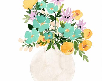 Original Watercolor Blue and Yellow Flowers Painting: floral artwork