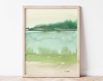 Green Abstract Landscape Art Print: Minimalist Watercolor Giclée