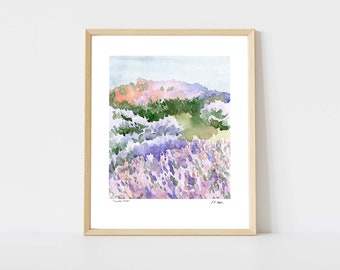 Lavender Watercolor Landscape Art Print, peaceful landscape wall art, watercolor wildflowers painting, watercolor print, nature wall art