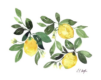 Lemons Watercolor Art Print, Fruit and Botanical Watercolor Painting, kitchen wall art, yellow fruit print, Garden Lemon Tree Fruit Print