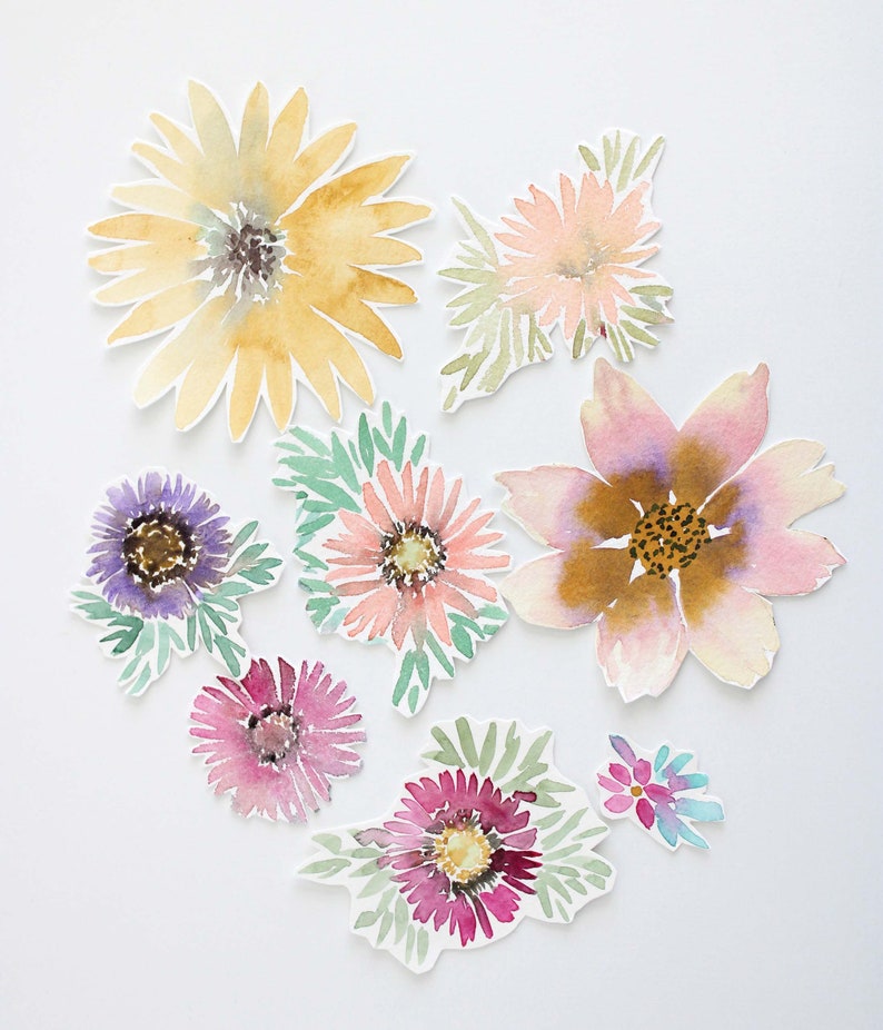 Watercolor Flowers Cut Outs, collage art kit, hand painted watercolor pieces, daisies, sunflowers, card making journal supplies, 8 pieces image 3