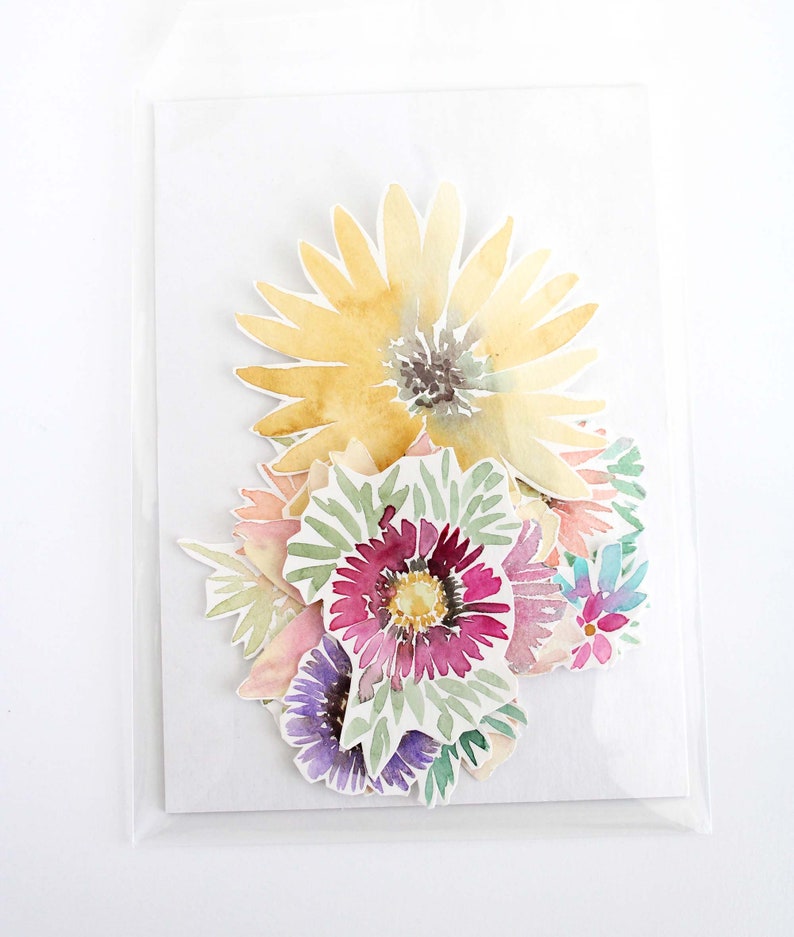 Watercolor Flowers Cut Outs, collage art kit, hand painted watercolor pieces, daisies, sunflowers, card making journal supplies, 8 pieces image 6