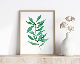 Watercolor Botanical Leaf Print, emerald green wall art, minimalist wall décor, fine art giclée print, farmhouse country art, watercolor art