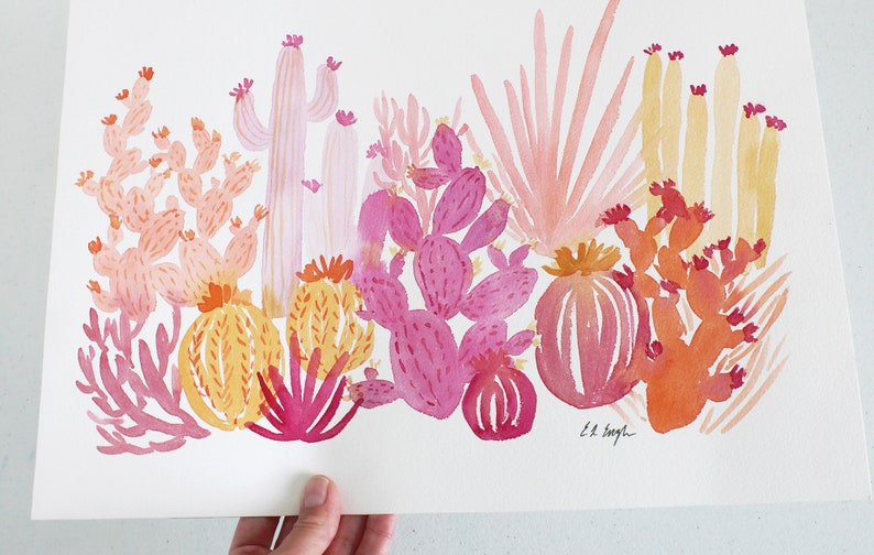 Pink Cactus Watercolor Painting, Original Watercolor Art, 12x16, desert landscape, plant lover gift, cactus garden art, pink home decor image 4