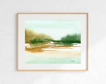 Abstract Fall Landscape, original watercolor painting, deep green painting, modern abstract art, abstract watercolor, minimalist painting