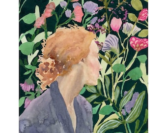 Girl in the Garden: Original Watercolor Painting, unique wall art
