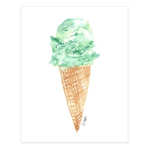 Watercolor Ice Cream Cone Printable, digital printable art, kitchen wall art, mint ice cream cone, summer food painting, kids room printable