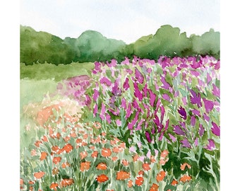 Wildflower Meadow Art Print, watercolor landscape wall art, spring floral print, watercolor flower field, country meadow, green landscape