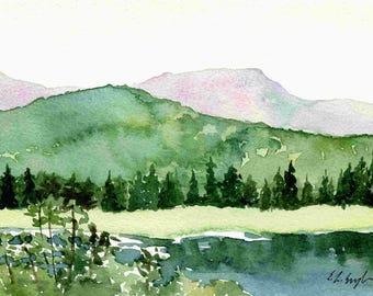 Green Mountain Landscape Painting:  Small Original Watercolor Artwork 5x7