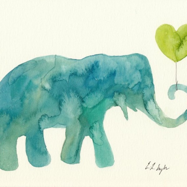 Original Aquarell, Elefant Kinderzimmer Kunst, Teal und Lime Green, Herz-Ballon, 8 x 10, Aquarell, Wandkunst