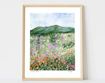 Green Wildflower Meadow and Mountain Landscape: Fine Art Print