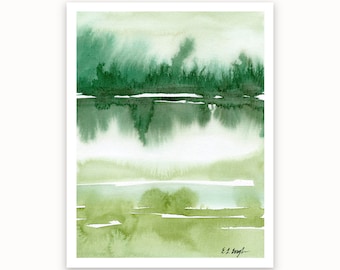 Green Landscape Abstract Painting, original watercolor art, moody landscape, land over water, emerald green wall art, country landscape art