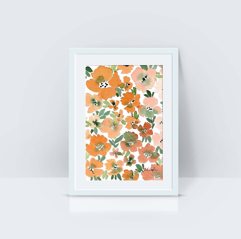 Watercolor Flowers Original Painting, watercolor floral art, original art small, orange flowers art, boho home decor, peach wall art, 5x7 image 4