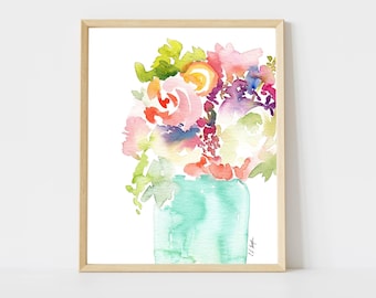 Watercolor Floral Art Print: Pink Roses in Blue Vase