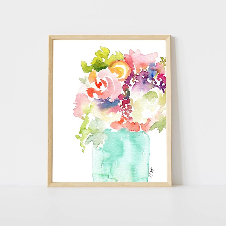 Watercolor Floral Art Print: Pink Roses in Blue Vase - Etsy