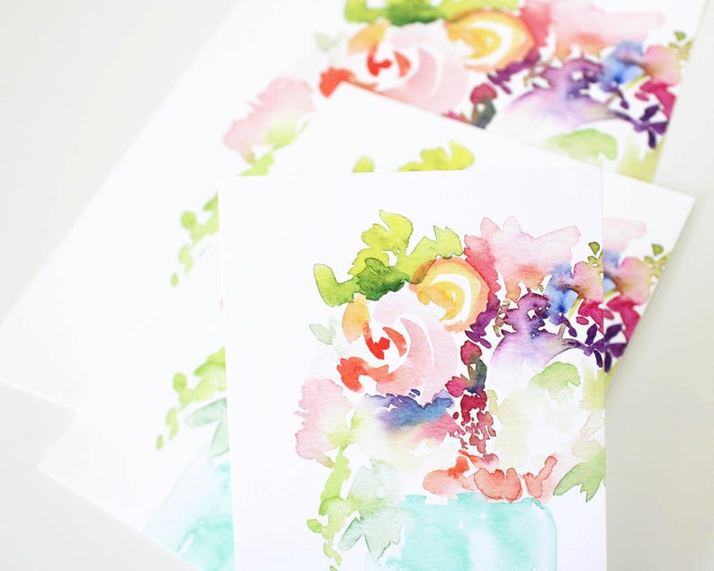 Watercolor Floral Art Print: Pink Roses in Blue Vase - Etsy