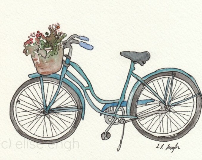 Vintage Bike With Basket of Flowers Blue Green Original Etsy