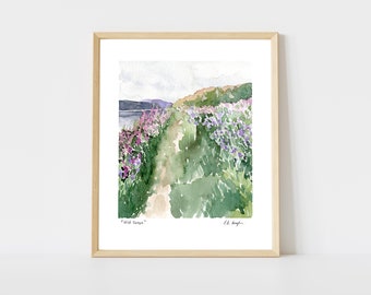 Wildflowers Landscape Art Print, country watercolor landscape painting, green landscape print, field of flowers, peaceful art print