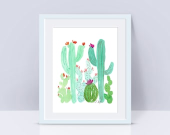 Green Cactus Watercolor Art Print, cactus art, boho wall art, gift for plant lover, watercolor cactus painting, southwestern art print, 8x10