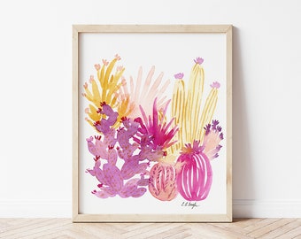 Original Watercolor Cactus Painting, pink cactus garden, cactus wall art, living room art, 8x10