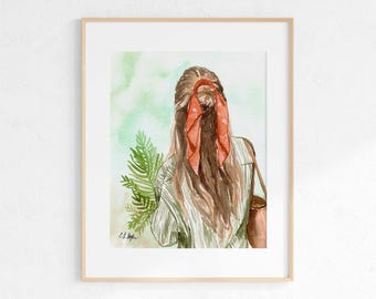 Watercolor Plant Girl Giclée Print: Green Garden Wall Art