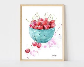 Bowl of Cherries Watercolor Giclée Print: Kitchen Wall Art
