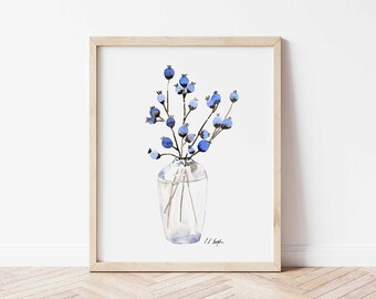 Blue Wildflowers Watercolor Giclée Print: Still Life Floral Art (11x14)