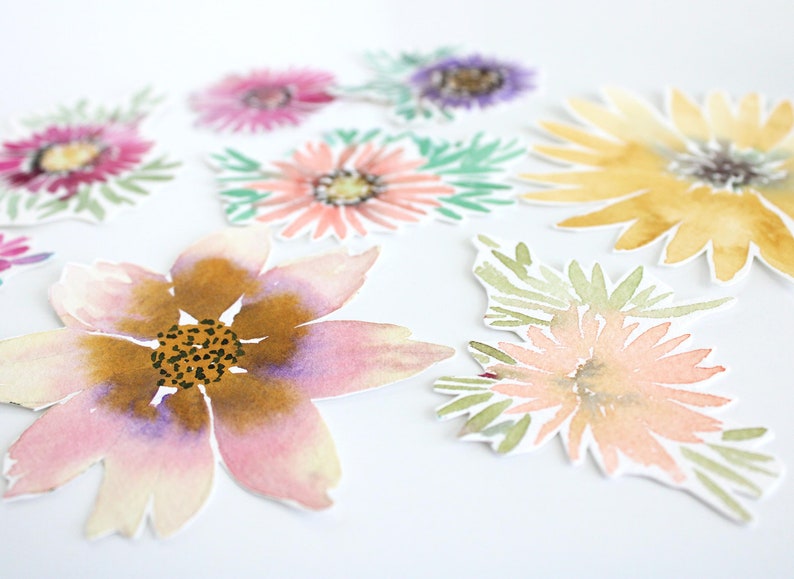 Watercolor Flowers Cut Outs, collage art kit, hand painted watercolor pieces, daisies, sunflowers, card making journal supplies, 8 pieces image 7