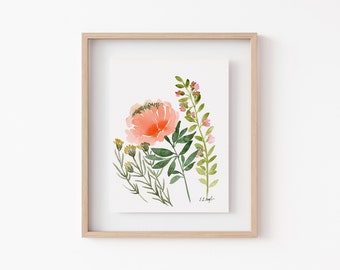 Peach Watercolor Flowers Art, original watercolor painting, spring floral wall art, peach peony painting, modern floral, wildflowers artwork