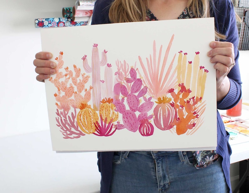 Pink Cactus Watercolor Painting, Original Watercolor Art, 12x16, desert landscape, plant lover gift, cactus garden art, pink home decor image 5