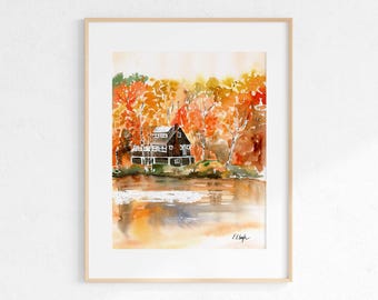 Fall Mountain Cabin Watercolor Giclée Print: Rustic Autumn Landscape