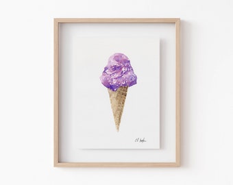 Purple Ice Cream Cone Watercolor Painting, original artwork, watercolor kitchen art, summer wall art, kitchen wall art, berry ice cream