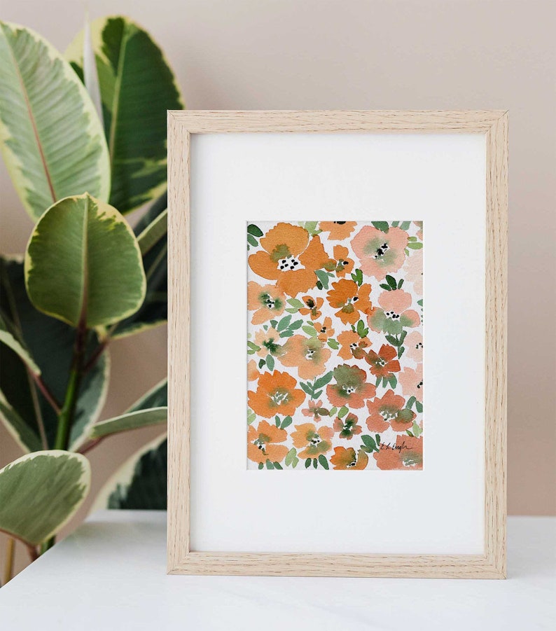 Watercolor Flowers Original Painting, watercolor floral art, original art small, orange flowers art, boho home decor, peach wall art, 5x7 image 3