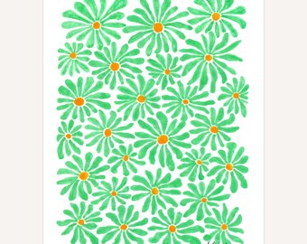 Mint Green Daisies Giclee Art Print: Maximalist Floral Wall Decor